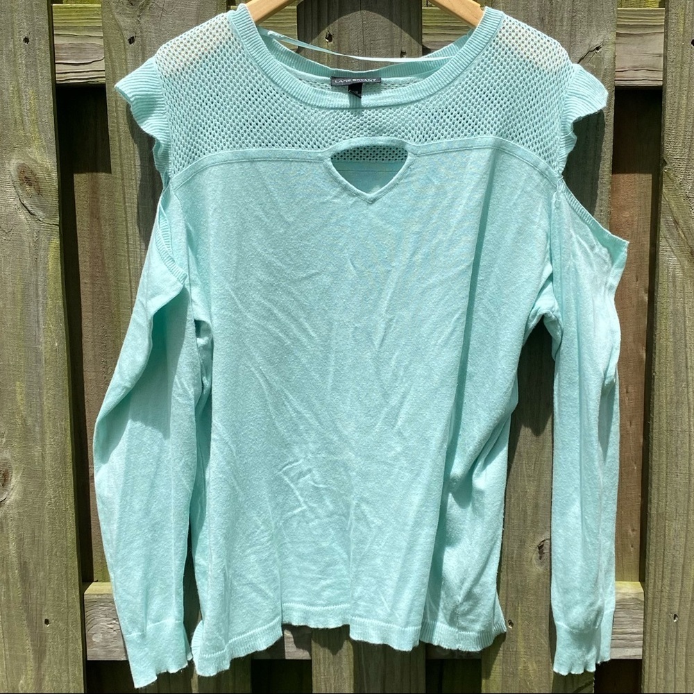 Mesh Yoke Cold-Shoulder Pullover Sweater